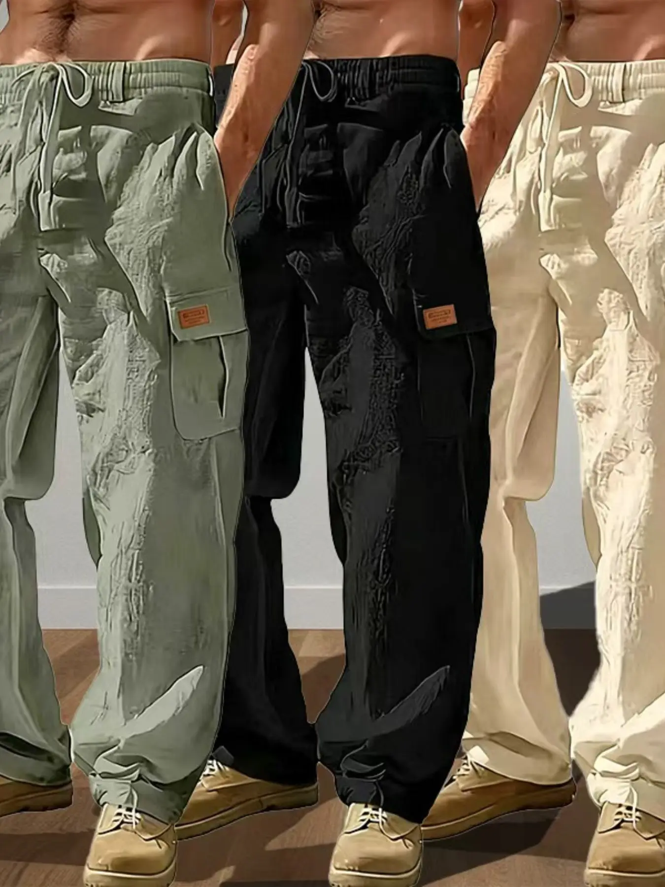 Men's Workwear Linen Pants 3-Pack, Drawstring Multi-Pocket Straight-Leg, Breathable Solid Color Outdoor Beach Casual Long Pants