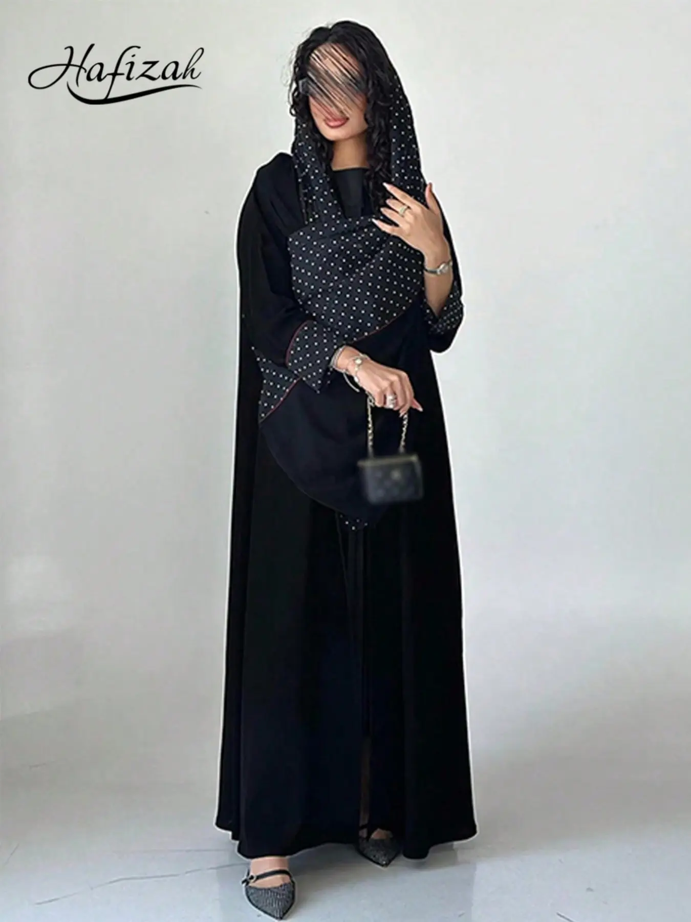 Hafizah Simple Colorblock Polka Dot Two-Piece Set, Islamic Clothing Set, Solid Flowy Long Cardigan with Small Polka Dot Scarf, Daily Commute Versatile, Fashion Muslim Set