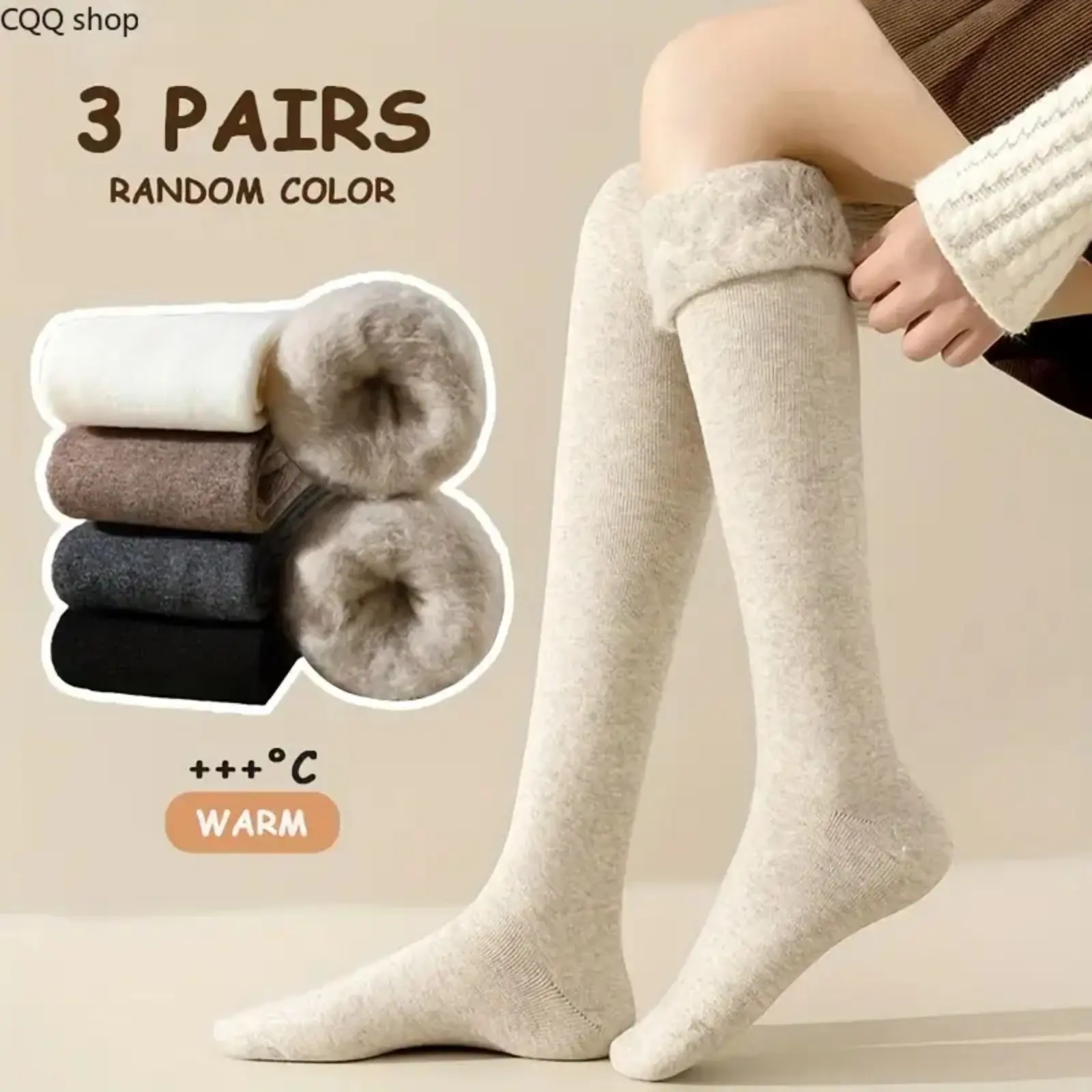 Women's 3-Pair Heavy Duty Thermal Over-the-Knee Socks - 3pairs random color, over-knee length, extreme cold weather, thick insulation, ribbed cuff, plush interior, beige/black/gray, everyday use, winter outdoor leisure gear