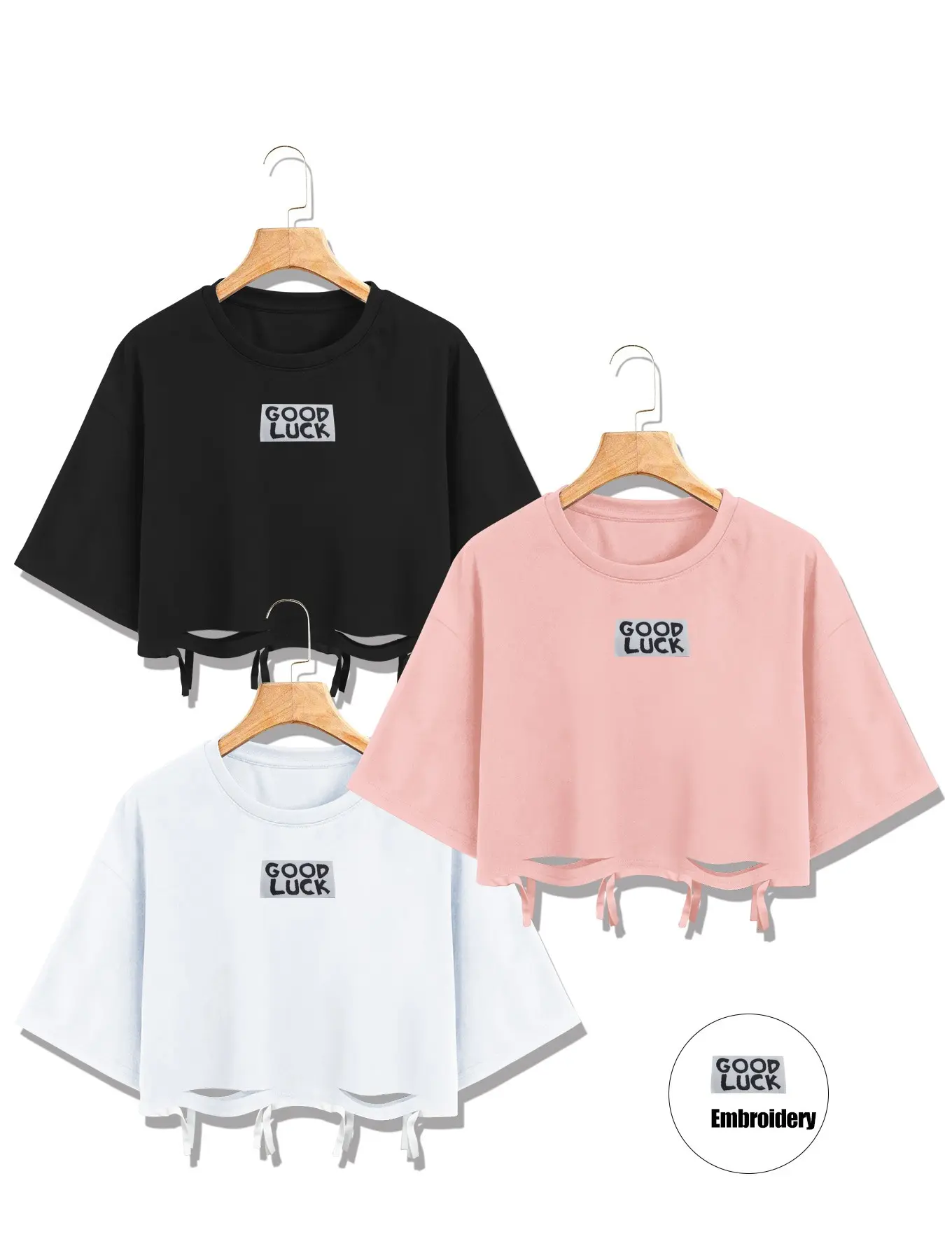 Women's Summer Embroidered Cropped Casual Tee Top, Loose Fit, Drawstring Hem, Good Luck Letter Embroidery, Breathable Soft Fabric, Three Color Options