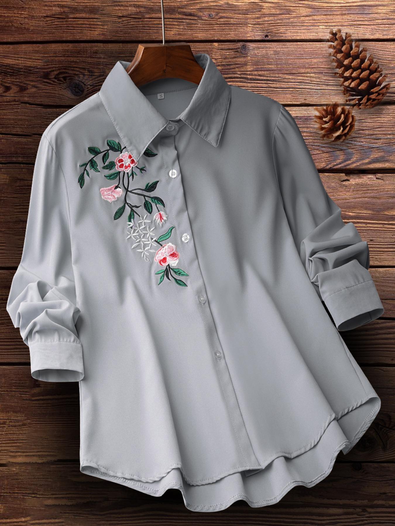 Women's Floral Embroidery Plicated Button Front Shirt, Fashion Casual Long Sleeve Collared Top for Daily Outdoor Wear, Ladies Clothes for Spring, Womenswear