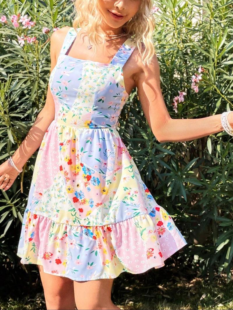 Women's Floral Print Backless Bow Tie Dress, Sleeveless Short Sundress, Casual Boho Chic, Boho Vacation, Fitted Summer Dress