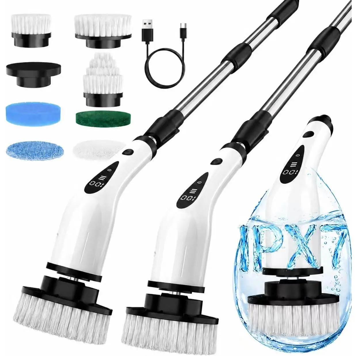 Electric Spin , 3-Speed Flat End Brush with 8 Brush Heads & Base, IPX7 , Adjustable Long Handle, Digital Display, 2500mAh  , for Bathroom, Tub, Tile, Floor