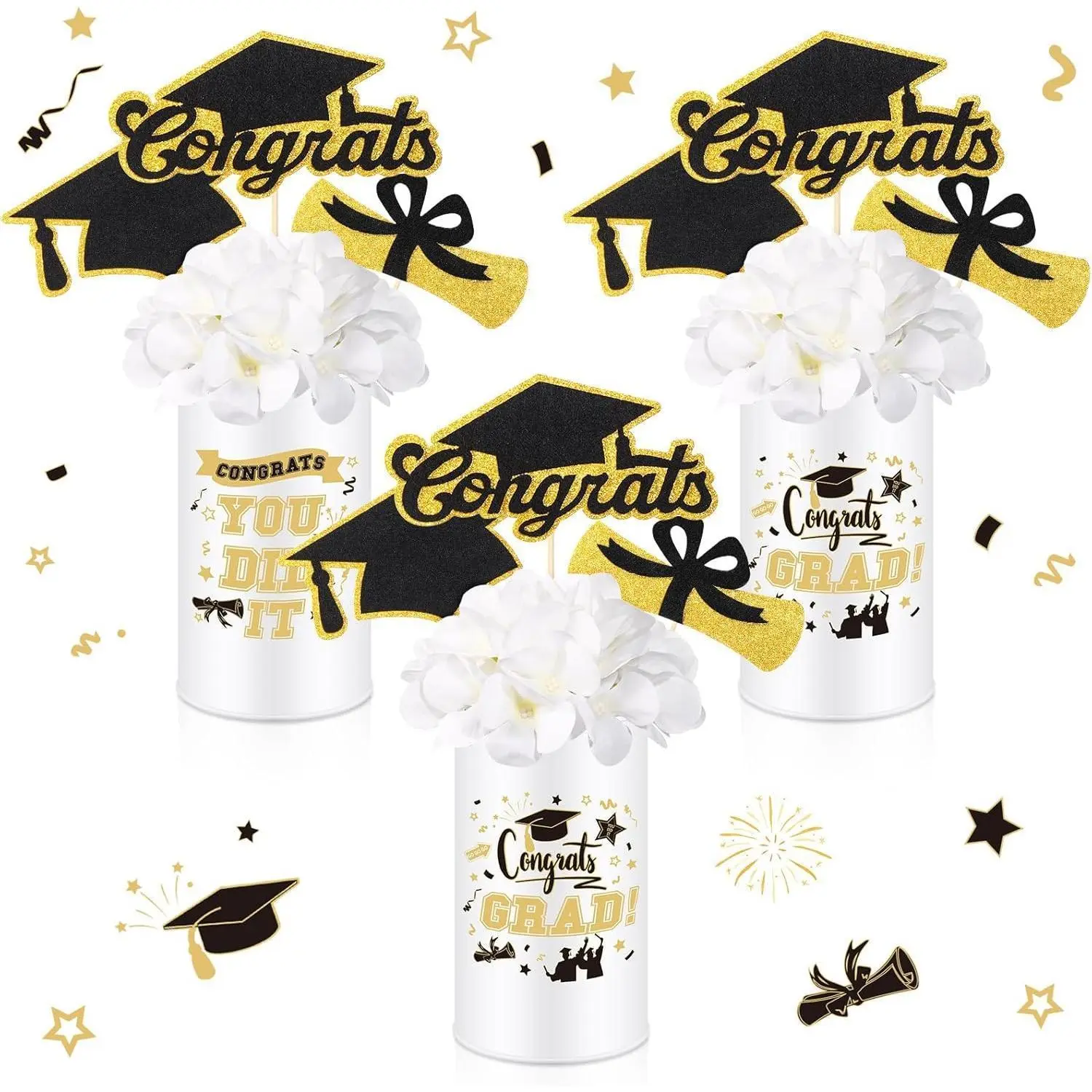 3 Sets Graduation Table Centerpiece Decorations White and Gold Class of 2026 Includes 3 Silk Artificial Flower 9 Congrats Grad Sticks Picks Toppers 3 Metal Vases for Home Party Supplies Gifts