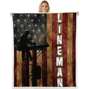 1pc Four Seasons Suitable Flannel Blanket American Flag Lineman Silhouette for Travel, Camping for Living Room, Office Machine Washable