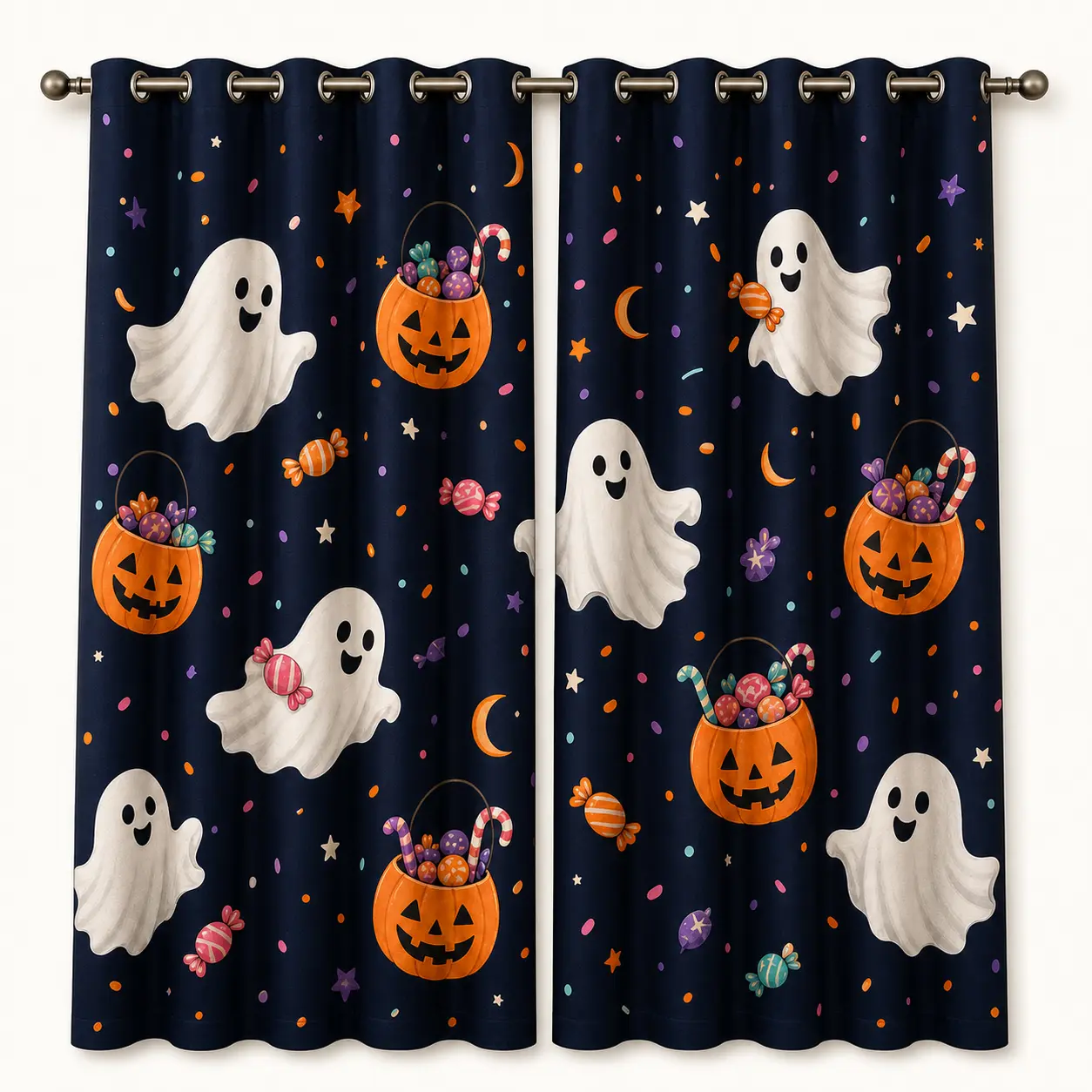 Halloween 2-Panel Blackout Curtain Set, Cute Ghost-Pumpkin & Candy Print Grommet Drapes, Room-Darkening Privacy Window Curtains for Kids Room & Home Decor