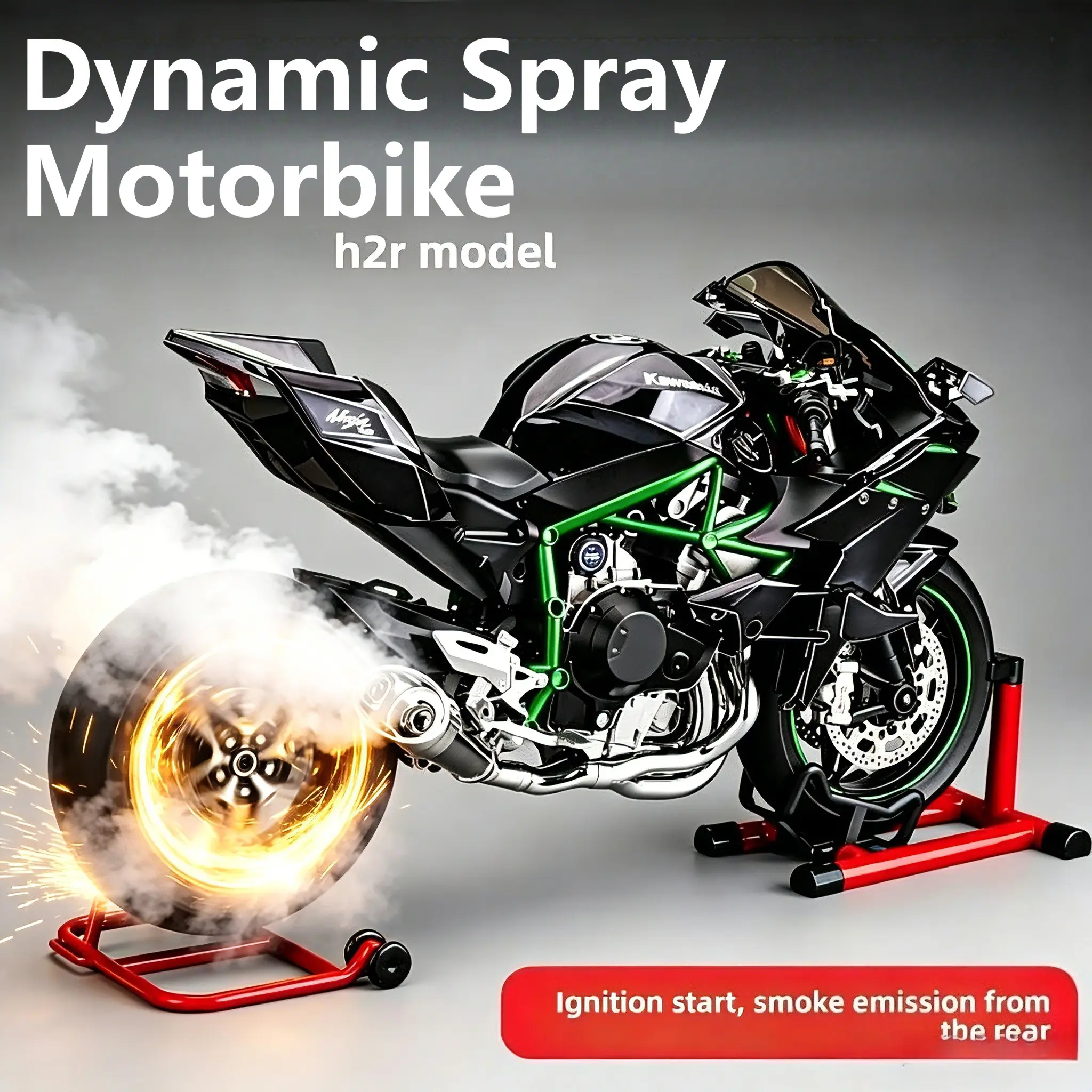 Upgraded version dynamics Diecast Motorcycle Model Key Ignition Start Exhaust Spray Function LED Light Sound Shock Absorbation Steerable Front Wheel With Support Bracket Alloy Motorbike Collection Gift For Motorcycle Fans