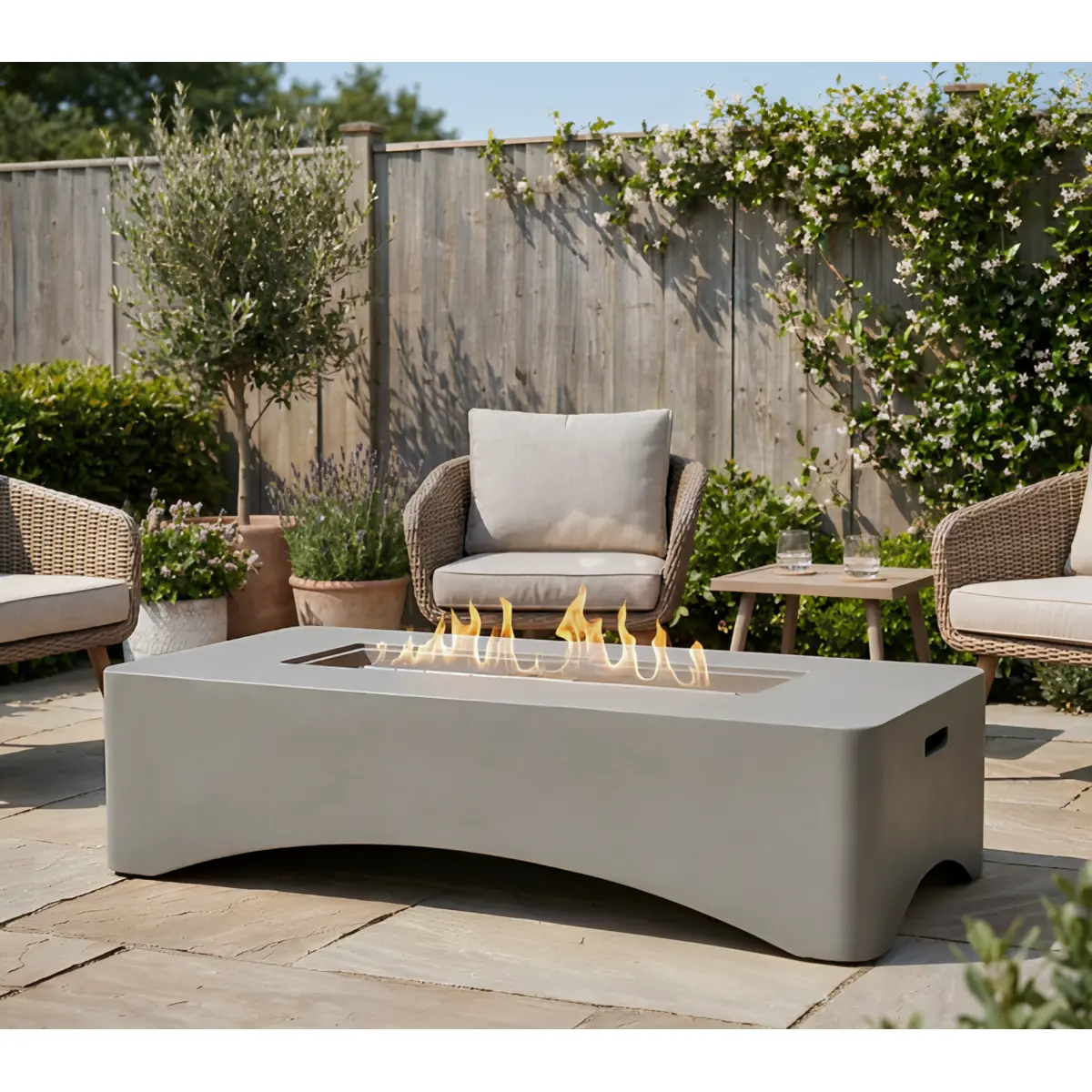 56" Propane Fire Pit Table – 50,000 BTU Rectangular Outdoor Gas Fire Pit, Modern Minimalist Concrete Fire Table for Patio Backyard Deck, Includes Waterproof Cover & Lava Rocks, Light Grey