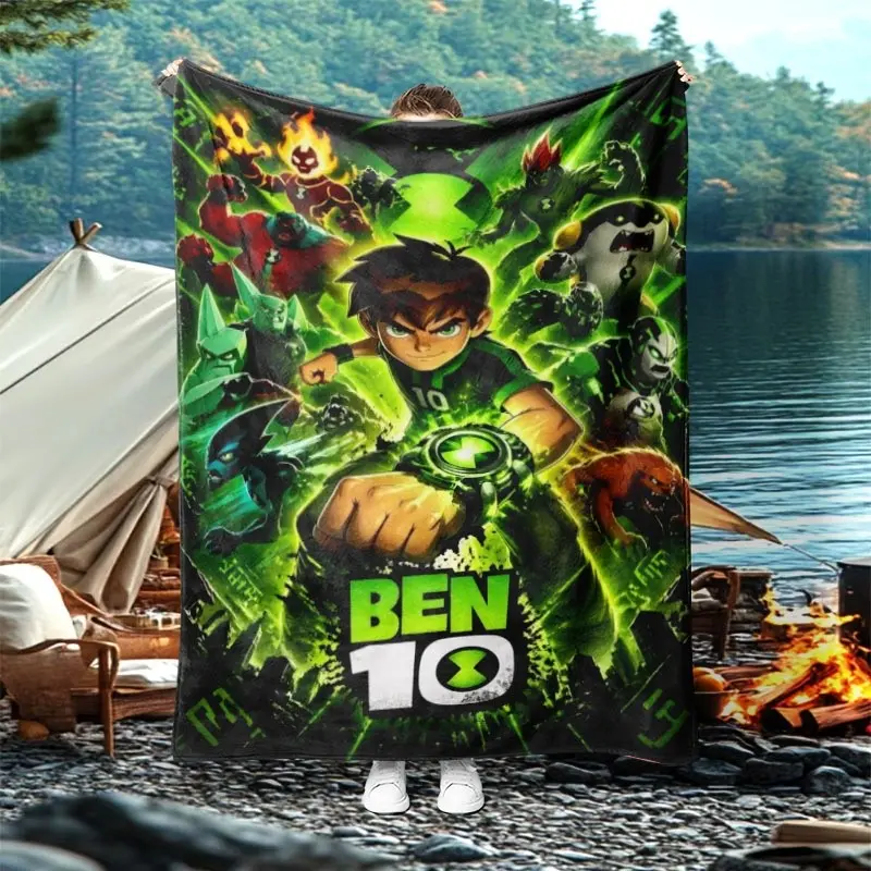 Ben 10 Omnitrix Alien Group Fleece Throw Blanket, Dark Toxic Green Swirl Background Classic Cartoon Print, Soft Lightweight Blanket For Boys Kids Superhero Alien Fans Camping Birthday Gift
