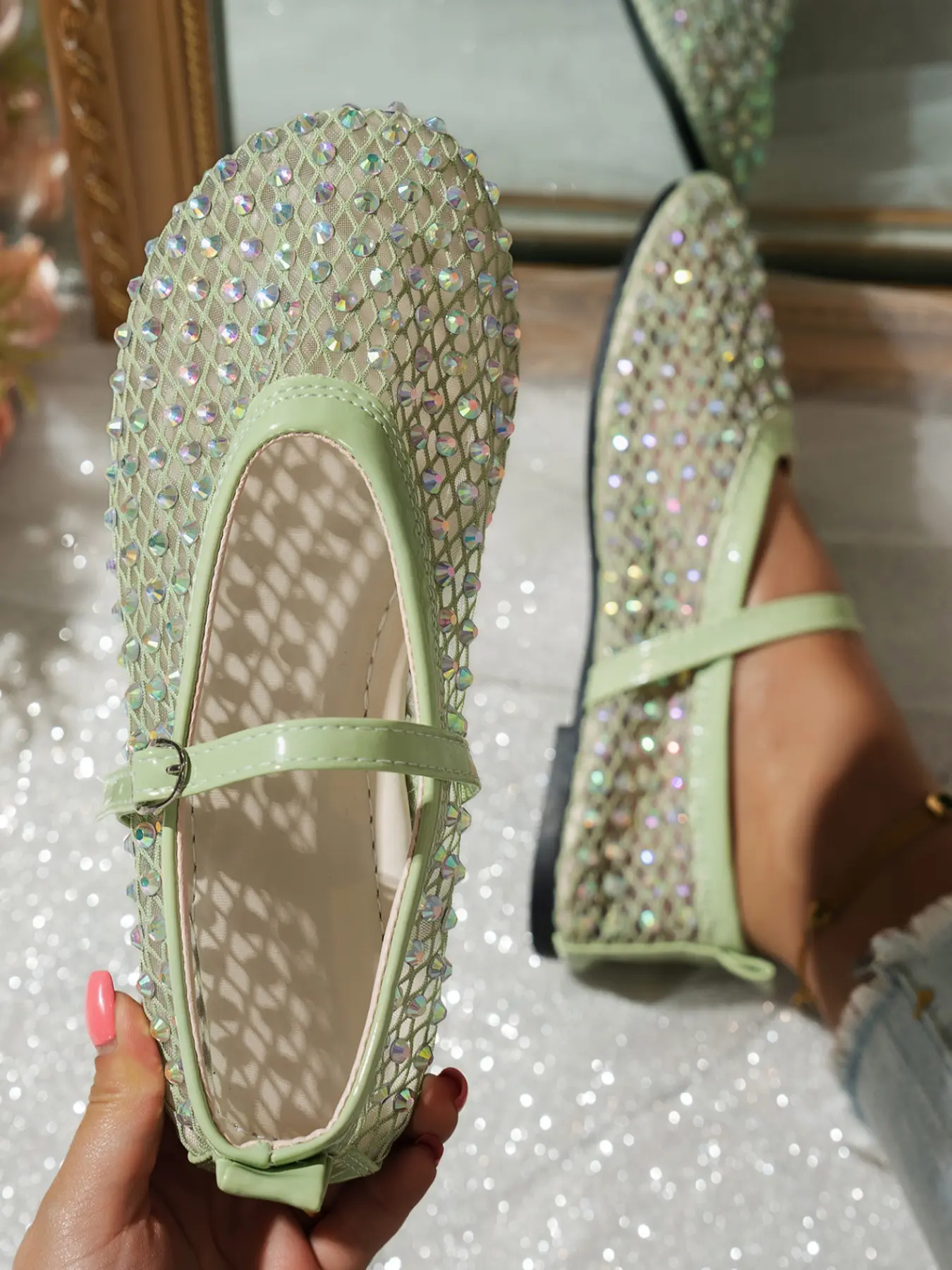 Fashion Breathable Mesh Rhinestone Mary Jane Shoes, Adjustable Strap, Round Toe, Low Heel, Casual Women's Shoes for Daily Wear