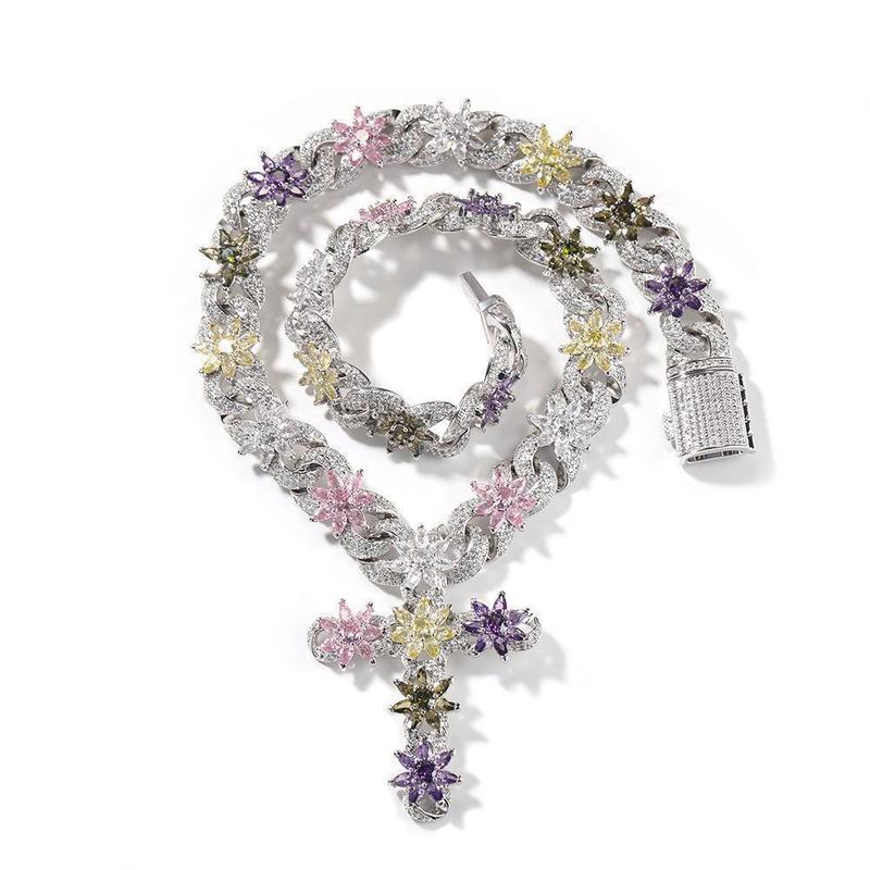 [ICE HUE]18K Gold Vacuum Plated Copper with 5A+ Sri Lanka Zircon Colorful Flower Cross Necklace Miami Italy Mexico & Micro Inspired for Women & Men Luxury Jewelry,Daily Wear,Casual Fashion,Gift Idea,Chicano,Classic,Hip Hop,Simple,Sporty Style Cuban Link D