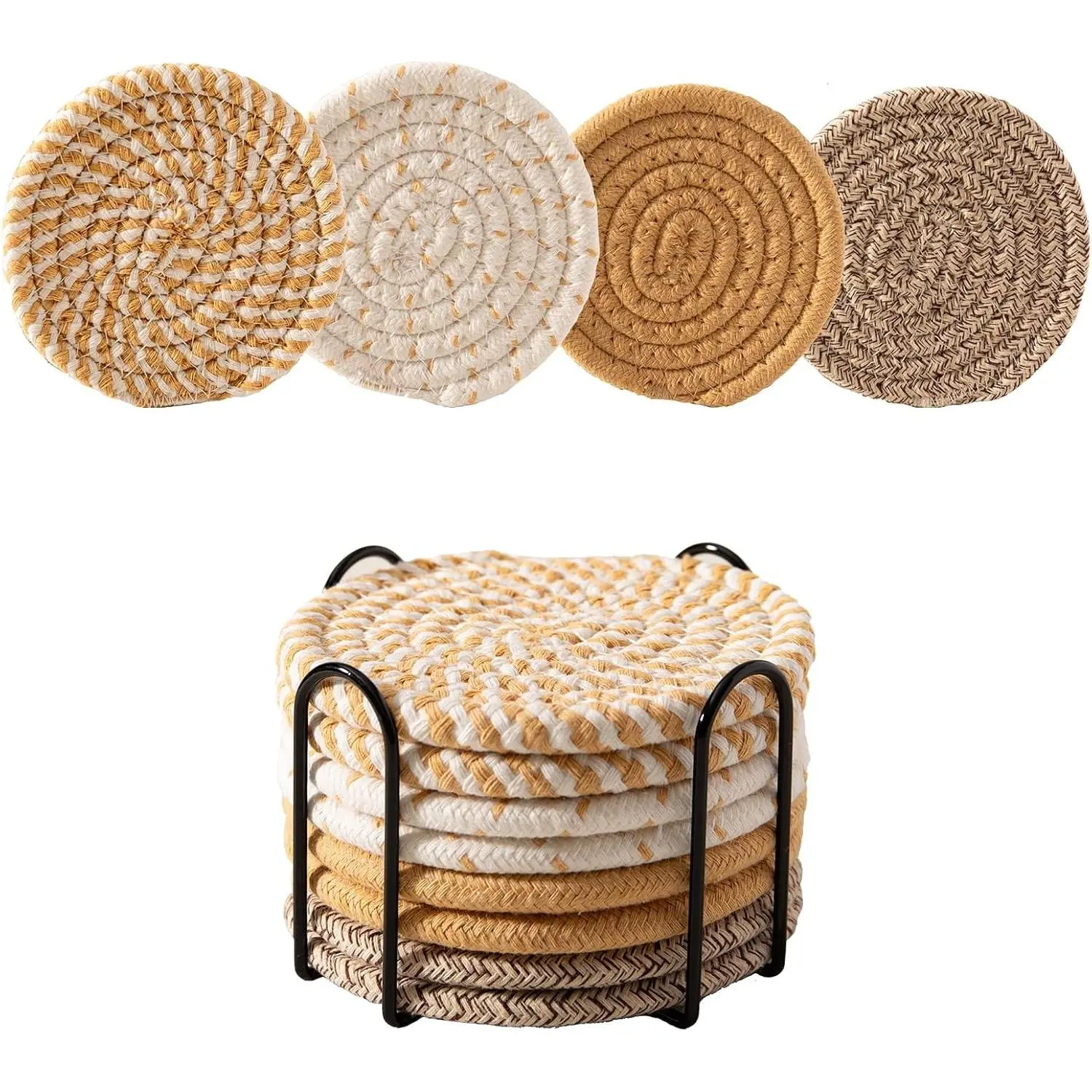 Absorbent Cotton Woven Drink Coasters Set of 8 with Holder, 4 Colors, Tabletop Protection Against Water Rings, Ideal for Coffee & Beer