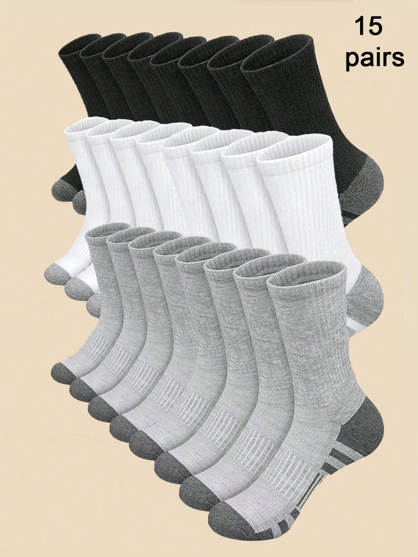 15 Pairs Men's Mid-Calf Crew Socks, High Elastic Shock Absorption, Sporty Striped Design, All-Season Outdoor Running & Casual Wear, Sports Socks Set