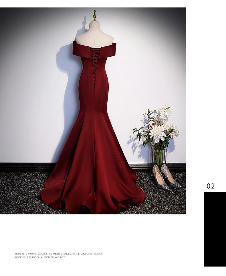 2026 New Style Wine Red Fishtail Toast Dress, Female Vocal Music Art Exam Evening Dress, Annual Party Host Off-the-Shoulder Light Wedding Dress