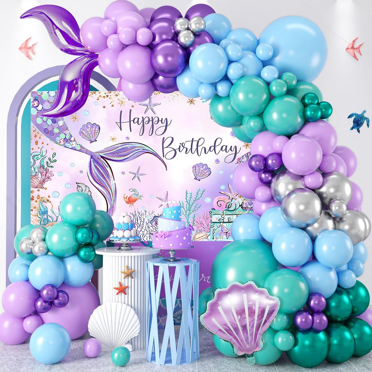 Mermaid Balloon Tablecloth Backdrop Set,109pcs Purple Shell Foil Balloon Mermaid Tail Birthday Decor ,Girls Mermaid Birthday Latex Balloon Decoration birthday party