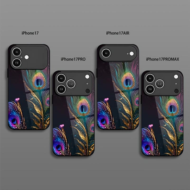 Phone case: Peacock Feather Colorful Shimmering Print Pattern Elegant Style Tempered Glass Phone Case with Minimalist Design, Compatible for iphone17 17Air 16 Pro 15 Promax 14 Plus 13 12 11