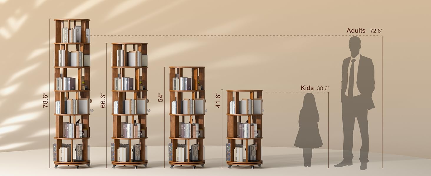 6 Tier Solid Wood Rotating Bookcase with Wheels Round Revolving Bookshelf Organizer 360° Spinning Storage Shelf for Corner Small Narrow Spaces Home Office Kids Room Drawers Organization Computer Desk
