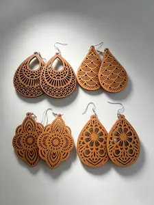 Elegant Wooden Vintage Hollow Out Relief Pattern Pendant Earrings Set, 4 Pairs/1 Set, Retro Boho Style Earring Stacks Jewelry for Women, Earring Stacking Set, Boho Earrings