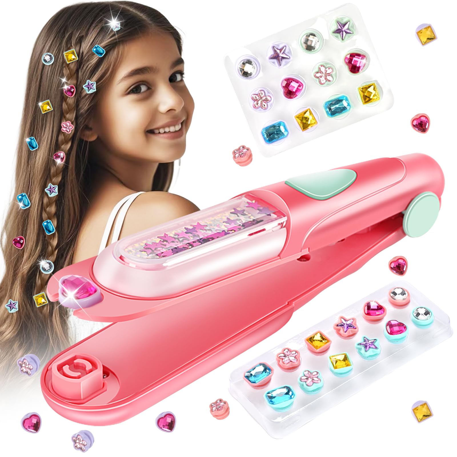 Hair Gem Stamper Kit with Reusable Shiny Rhinestones, Heatless Hair Styling Tool for Girls