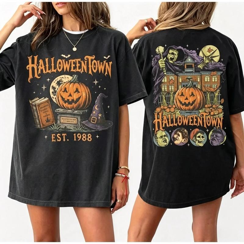 Vintage  Pumpkin Witch Spooky Halloween Double-sided T-shirt, Retro Halloween Tee, Spooky Season T-shirt, 90s Halloween Shirt