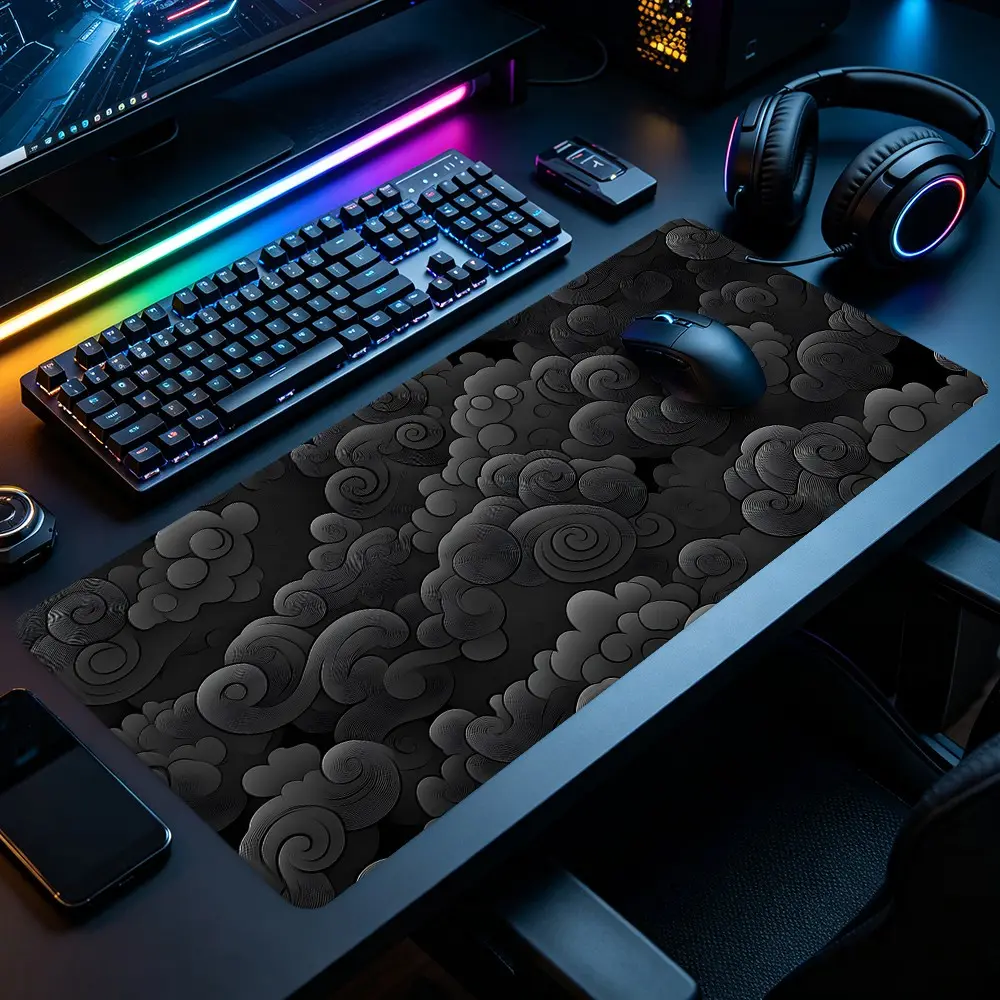 Black Subtle Chinese Cloud Large Gaming Mouse Pad Minimal Pattern Design Stitched Edge Non-Slip Thick Rubber Base Smooth Top Surface Desk Protection For Game Room Office Desk School Desk , Perfect For Gaming Enthusiasts & Office Workers