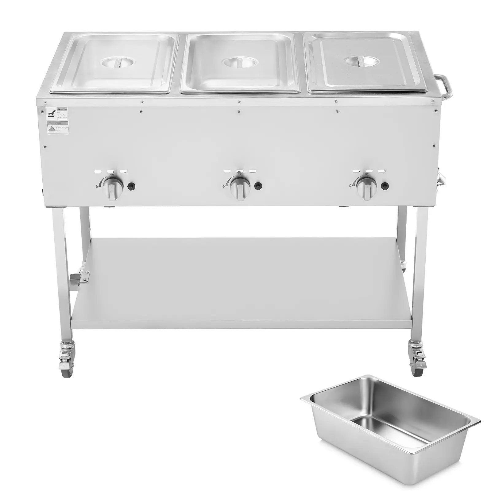 3-Pan Commercial Propane Steam Table, LP Gas Outdoor Soup Warmer with Drain Valve and 3" Wheels, Stainless Steel Propane Food Warmer with Independent Temp Control, for Restaurant Outdoor Camping