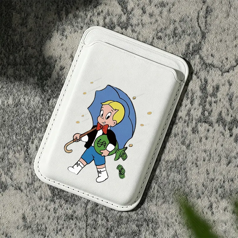 Cartoon Boy Catching Money magnetic card holder for iPhone 17/16/15/14/13/12 - Strong magnetic polyurethane leather card holder (can hold 2 cards), comes with a free metal ring adapter - compatible with Samsung/Google/Motorola devices
