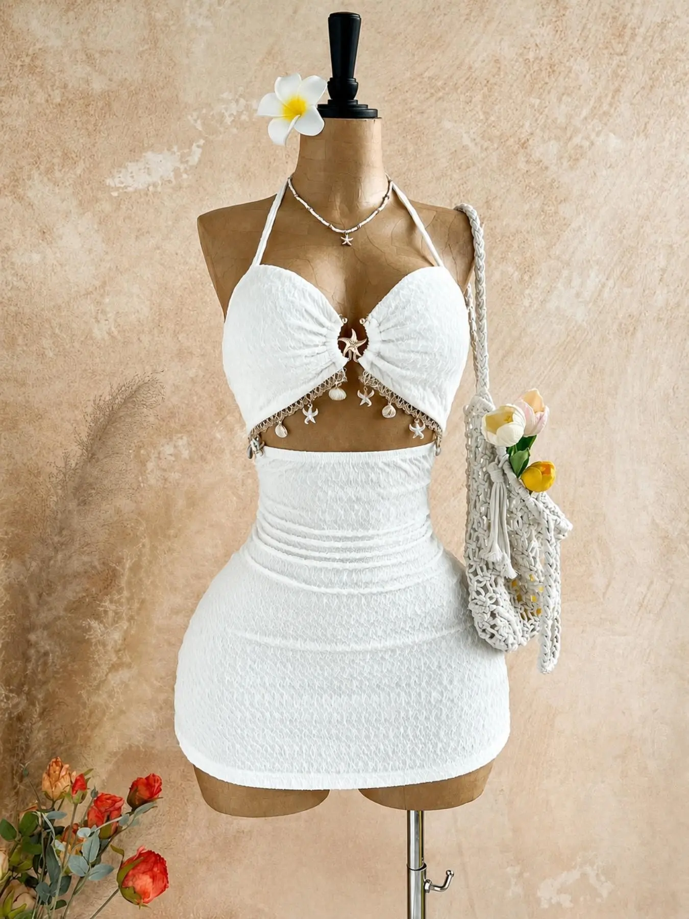 Summer Halter Ruched Bodycon Dress, Starfish Shell Pendant, Back Tie Design, Perfect for Beach and Tropical Vacation Wear