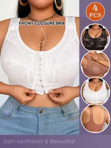 4-Pack Comfortable Wireless Curvy Bras, Breathable Mesh Lace, Full Coverage, Medium Support, Casual Style, Suitable for All Seasons
