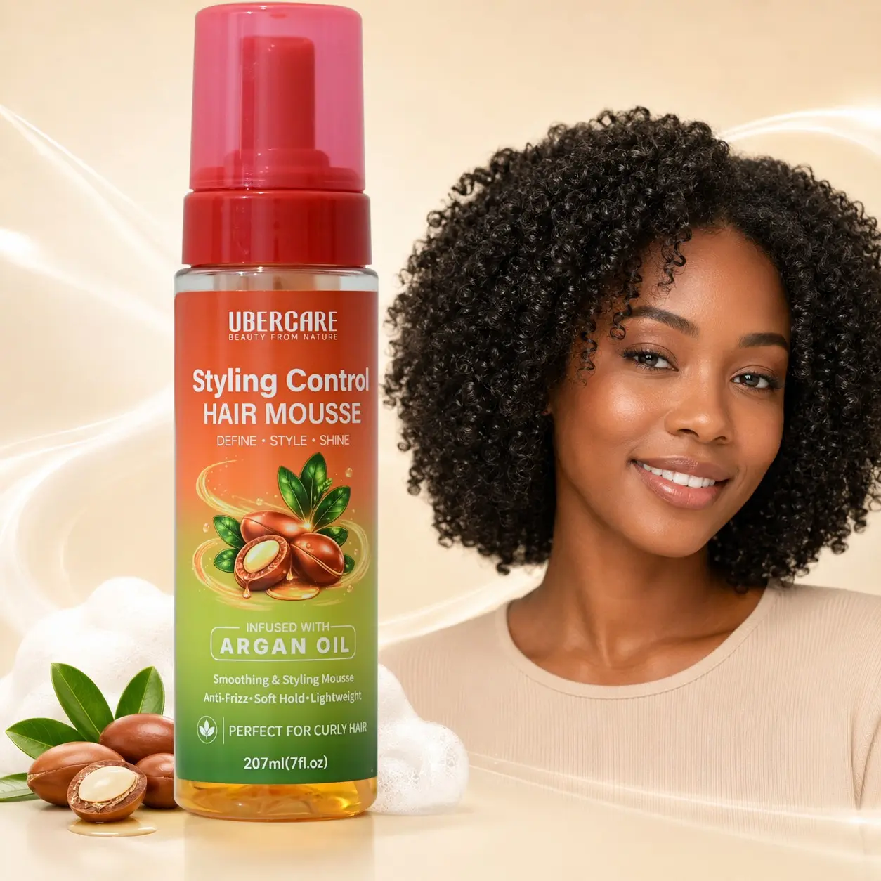 Argan Oil Hair Mousse, Lightweight Curl Shaping Foam for Curly Hair, Anti-Frizz Soft Hold Styling Mousse, Adds Shine for Wraps, Twist-Outs & Braid-Outs, 7 fl oz