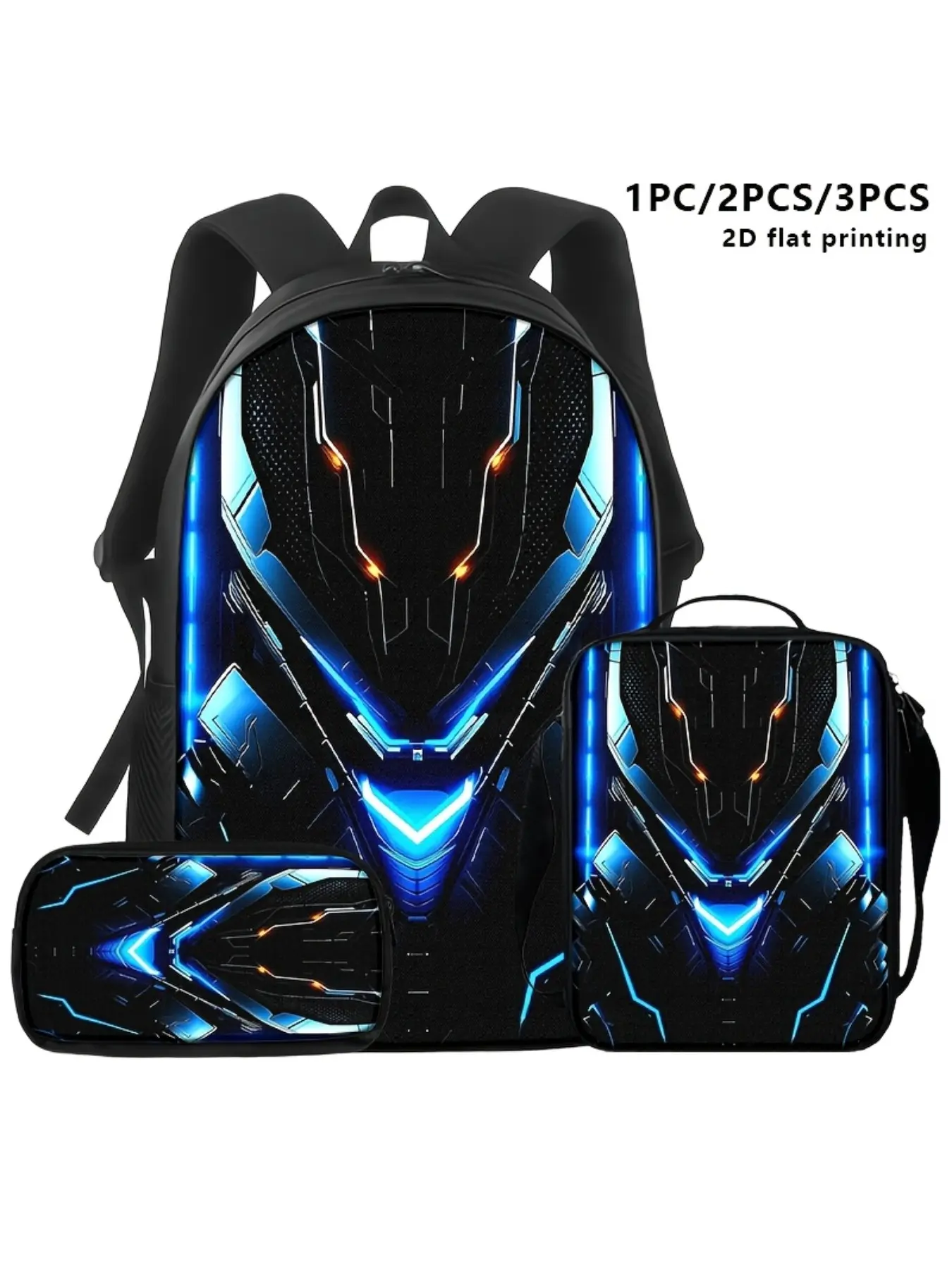 3-piece school backpack set, featuring futuristic mecha design with blue/orange neon lights on a black background, perfect for technology enthusiasts, gamers, and daily commuting or learning needs