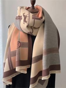 boho style horse pattern fringe trim design textured long blanket scarf, casual soft warm shawl for fall & winter, fashion accessories for women & girls
