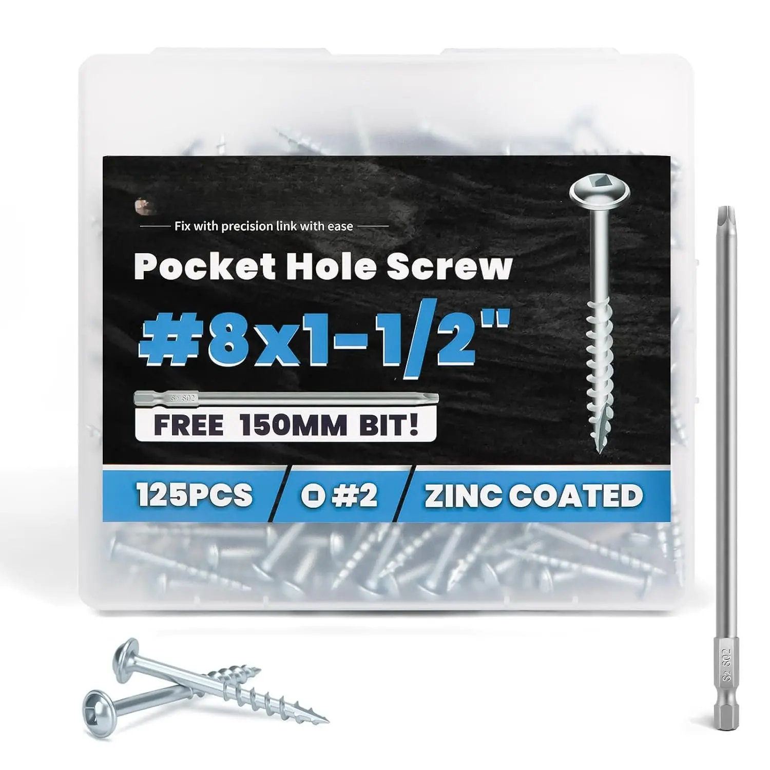 Pocket Hole Screws 1-1/2 Inch,  Pocket Screws #8 X 1-1/2", 125 count, Zinc Coated Pocket Hole Screw for Indoor Outdoor, Square Drive, 150MM Drive Bit Included