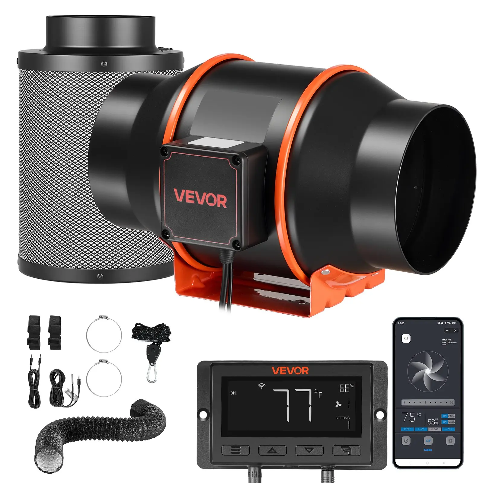【DealsForYouDays】VEVOR Inline Duct Fan Kit Carbon Filter, 402 CFM 6 inch EC Motor Exhaust Ventilation Fan with 10-Speed, PWM Controller, App Control, Timer, Cooling System for Grow Tent, Indoor Gardening, Hydroponics