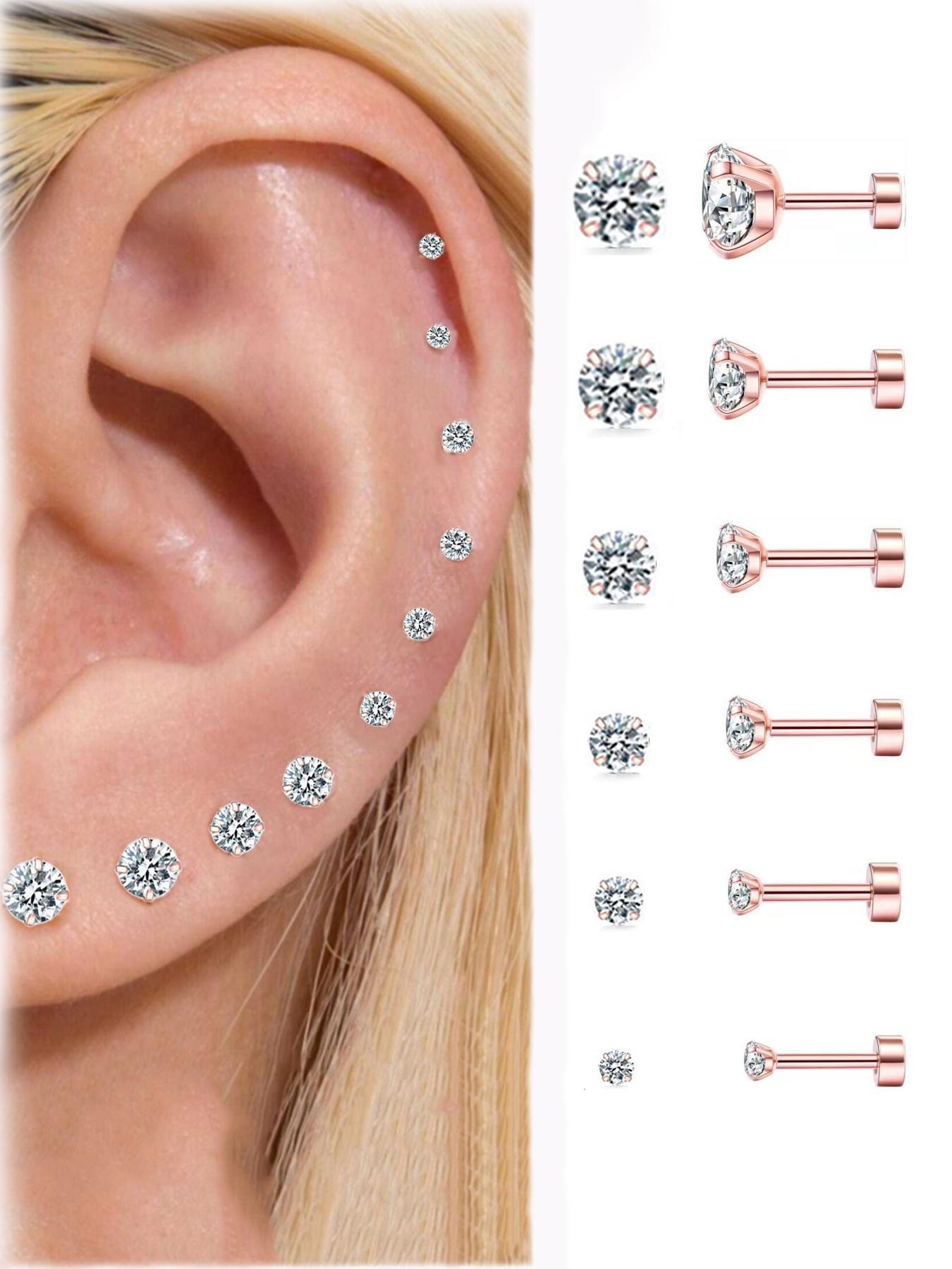 Multiple Sizes Cubic Zirconia Decor Ear Studs, Stainless Steel Material Ear Cartilage Piercing Jewelry for Women, Fashion Body Piercing Jewelry for Party, Daily Cubic Zirconia Decor, Funky Jewelry Six Pairs Variety, Rhinestone Embellishments