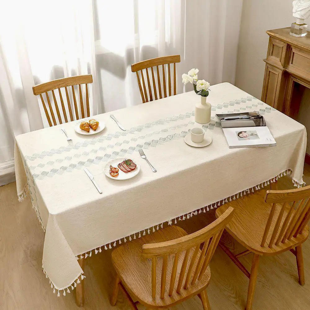 Boho Farmhouse Tassel Tablecloth, Cotton Linen Blend, Heavy Wrinkle-Proof & Fade-Resistant Cover, Perfect for Kitchen, Coffee Table, Outdoor Picnic - Multiple Sizes, One-Piece, Smooth Texture