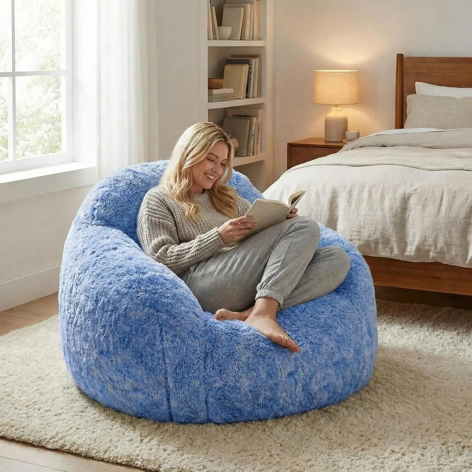 Plush Faux Fur Bean Bag Chair - Casual Indoor Sofa with Armrests, Supportive Foam Filling, Removable Washable Cover, Non-Slip Base for Playroom, Teens, Bedroom, 37 in W x 37.8 in D x 25.6 in H