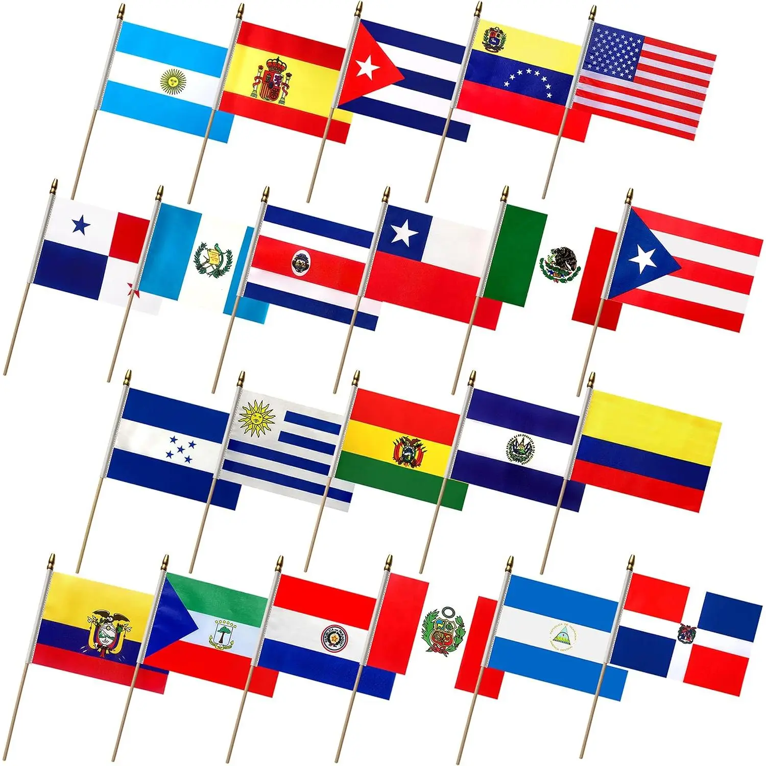 Latin  22 Countries Flags  Stick Small Mini Spanish Language Speaking Country Hand Held Flag,5x8 Inch,22 Pack