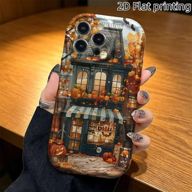 Phone Case -1 Pack, Autumn Pumpkin Shop Scene Pattern Design Phone Case, 2D Graphic Design, Thick Anti Shock Phone Case, Suitable for iphone17/16/15/14/13/12/11/Plus/Pro/ProMax/Air/X/XS/XSMAX, Birthday gift, holiday gift, Valentine's Day gift, Tpu
