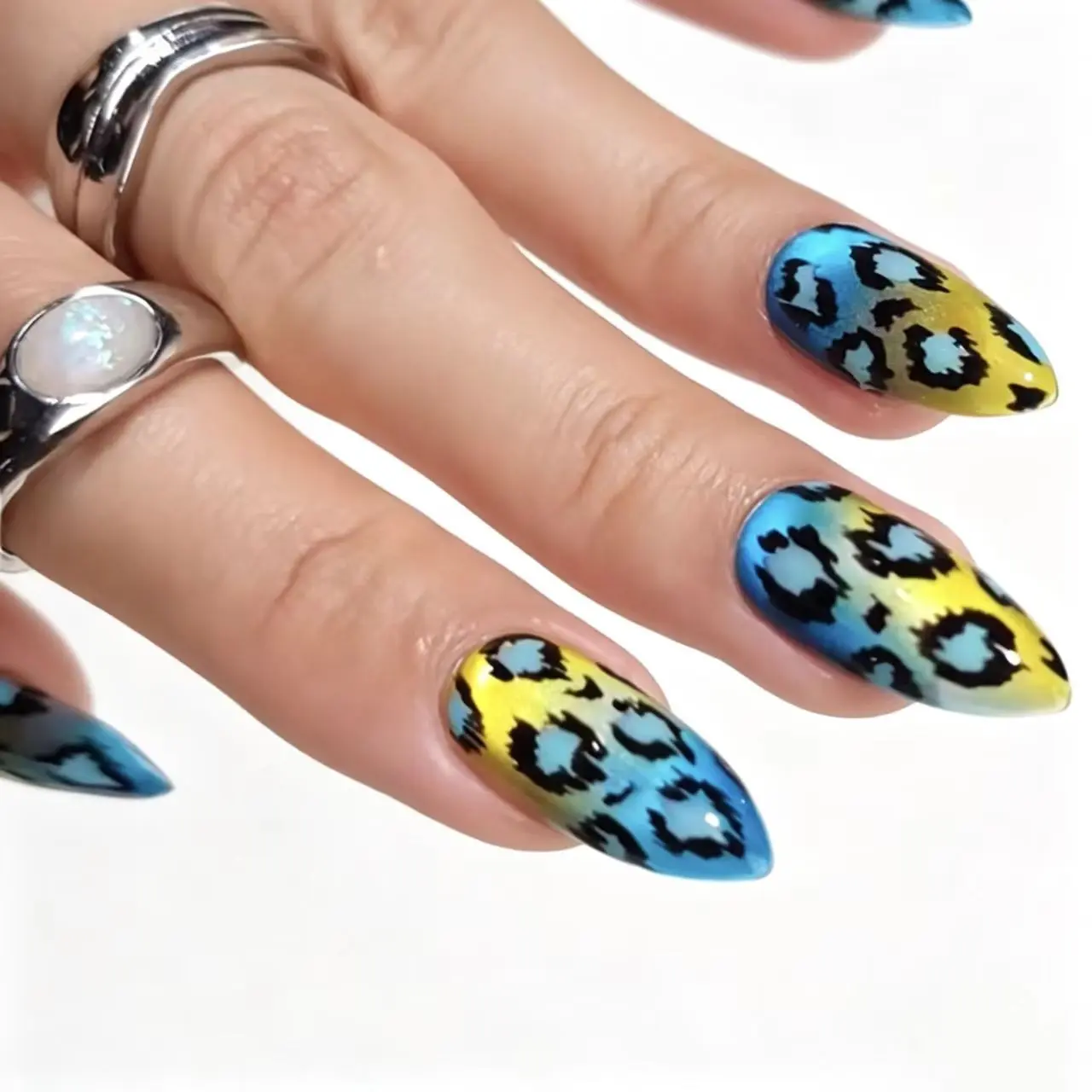 Blue Gradient Leopard Print Shimmer Press-On Nails, Long Almond Shape, 24-Piece Set, Trendy for Music Festivals and Streetwear