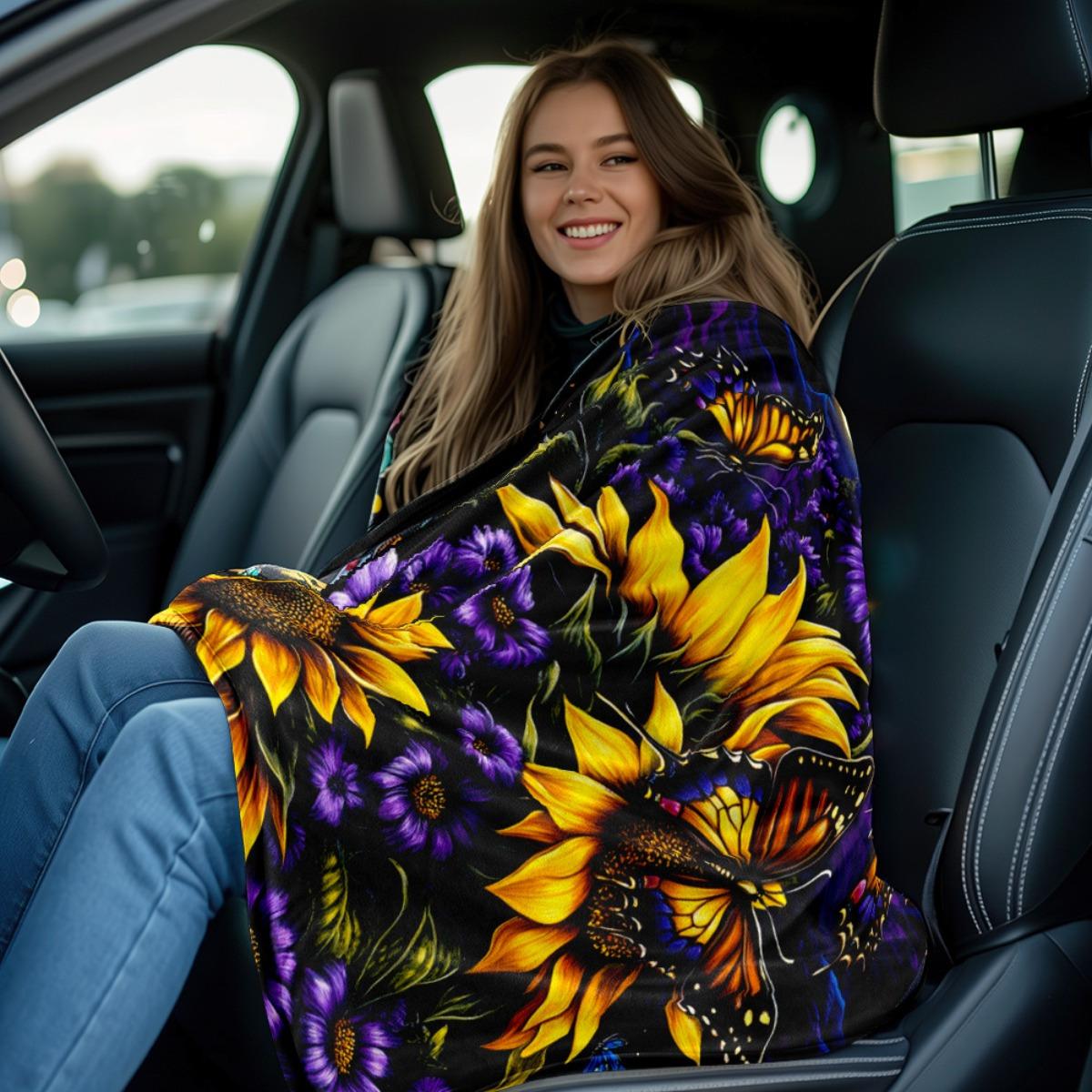 Sunflowers and butterflies Blanket-Lightweight Flannel Home Furnishings Bedding Blanket Suitable for Sofas Beds Travel Camping Living Rooms Offices Sofas Chairs and Beds-Soft and Warm Flannel Fabric Digital Printed Blanket