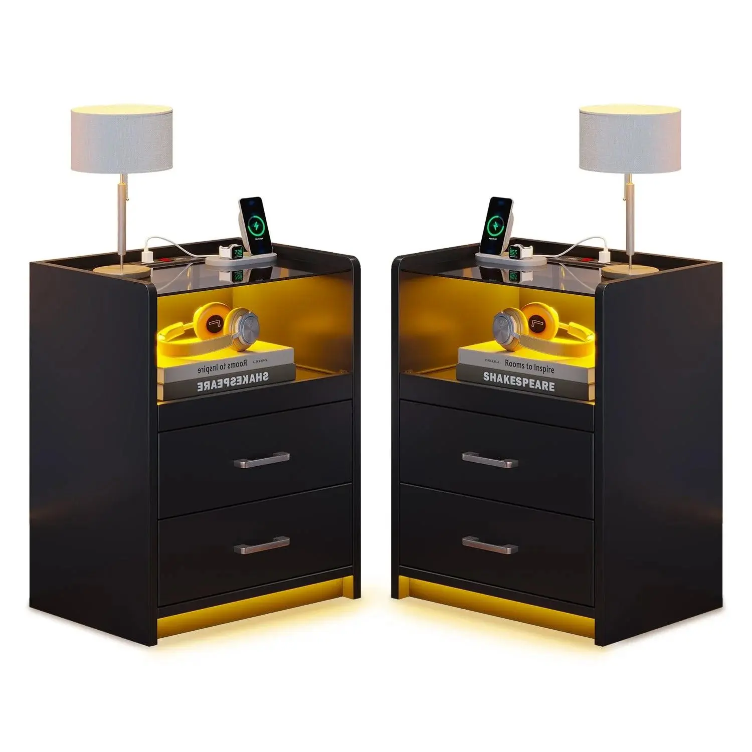 SIKAIC 2-Piece Minimalist Smart Nightstand Set - Indoor Furniture Bedside Tables with 2 Drawers, Tempered Glass Top, USB+Outlet Power Station, RGB Lighting, Bluetooth, Sturdy Legs for Phones, Lamps, Speakers