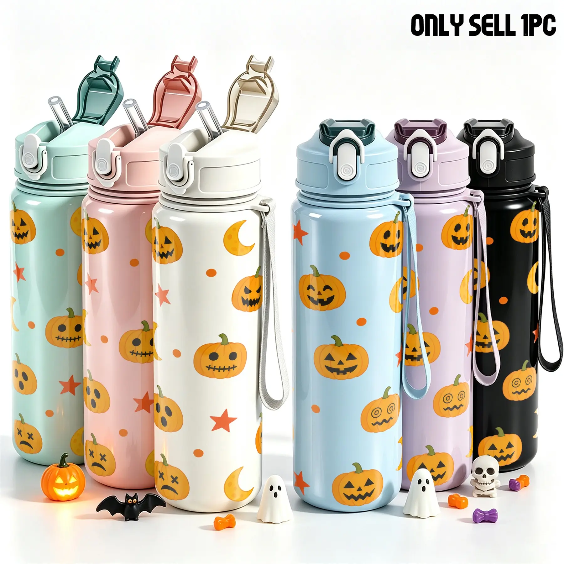 1pc 25oz Cute Halloween Reusable Water Bottle With Straw, Pumpkin Jack-O'-Lantern Moon Star Print Portable Sports Water Bottle, Halloween Hydration Bottle for Gym Hiking Travel, Spooky Season Gift for Women Teens Women's clothing