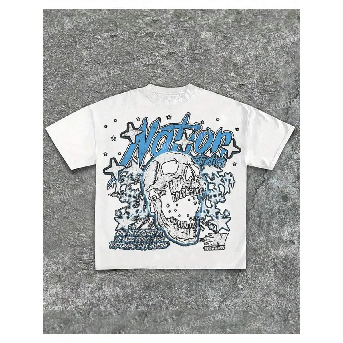 Nation Studios Blue Skull Star Graphic T-Shirt, Y2K Streetwear Oversized Vintage Skeleton Print Tee, Hip Hop Unisex Summer Top, Couple Matching Outfit