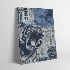 Vintage Blue Wave and Roaring Tiger Framed Canvas Wall Art for Adult Fans, Mid-century Modern Black Flash Manga Wall, Y2K Y3K Aesthetic Room Decor, 1980s Retro Cinematic Poster for Cool Boys Gen Z