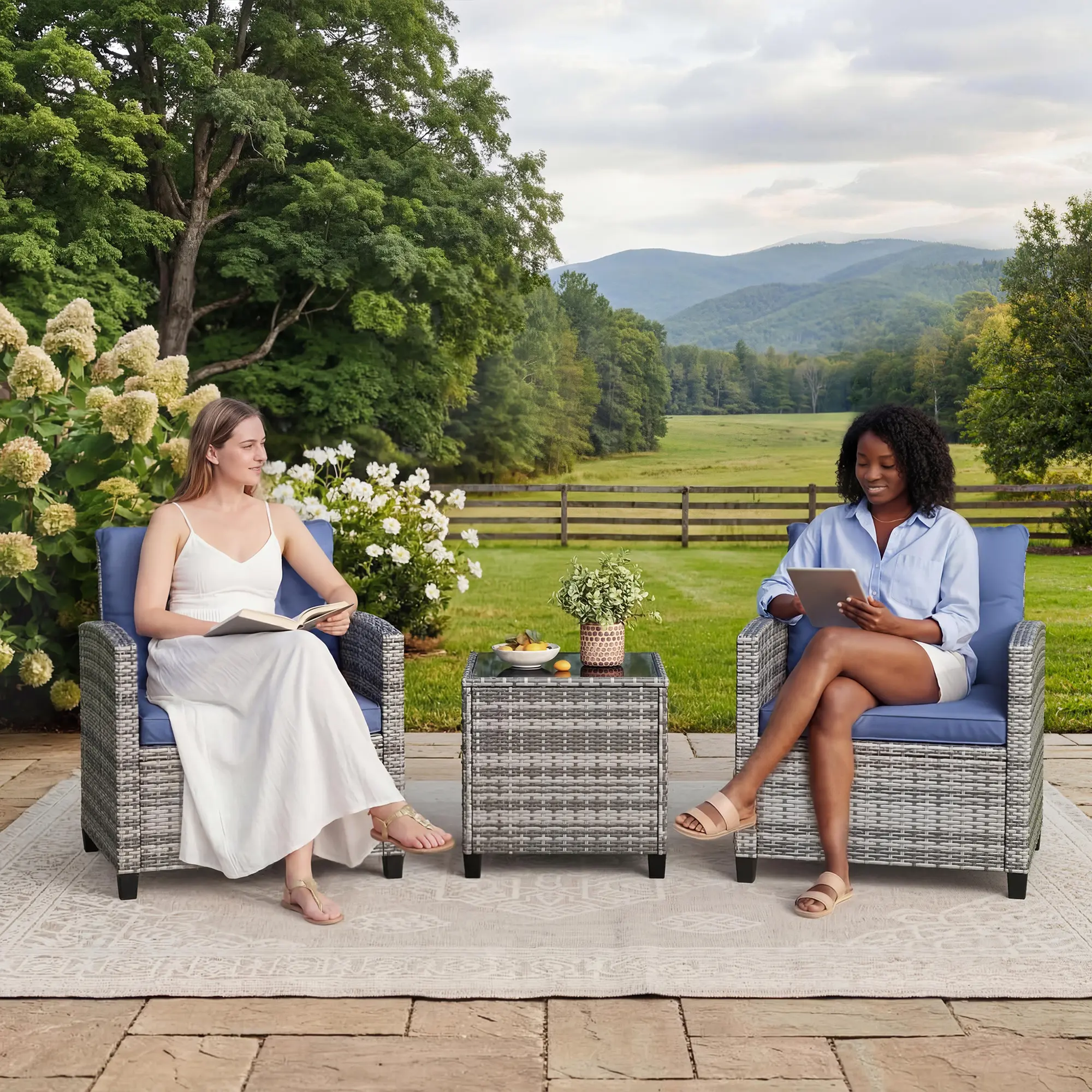 All-Weather Wicker Frame Outdoor 3-Piece Patio Conversation Set - 2 Chairs Swivel Glider Rocker with Washable Cushions, Tempered Glass Top Table, Seating for Porch, Garden