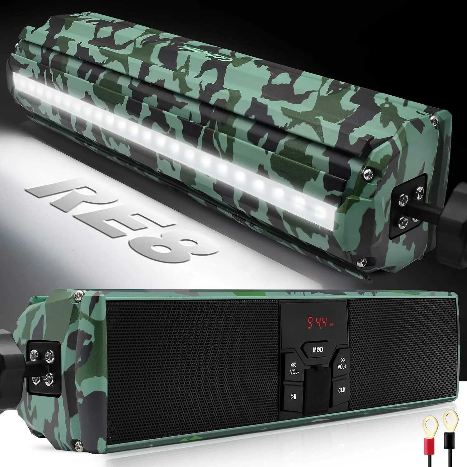 Bluetooth Motorcycle Speakers, Waterproof Handlebar Audio System |   Waterproof handlebar speakers with LED light, AUX, USB, and FM radio. Universal fit for motorcycles, UTVs, and ATVs.