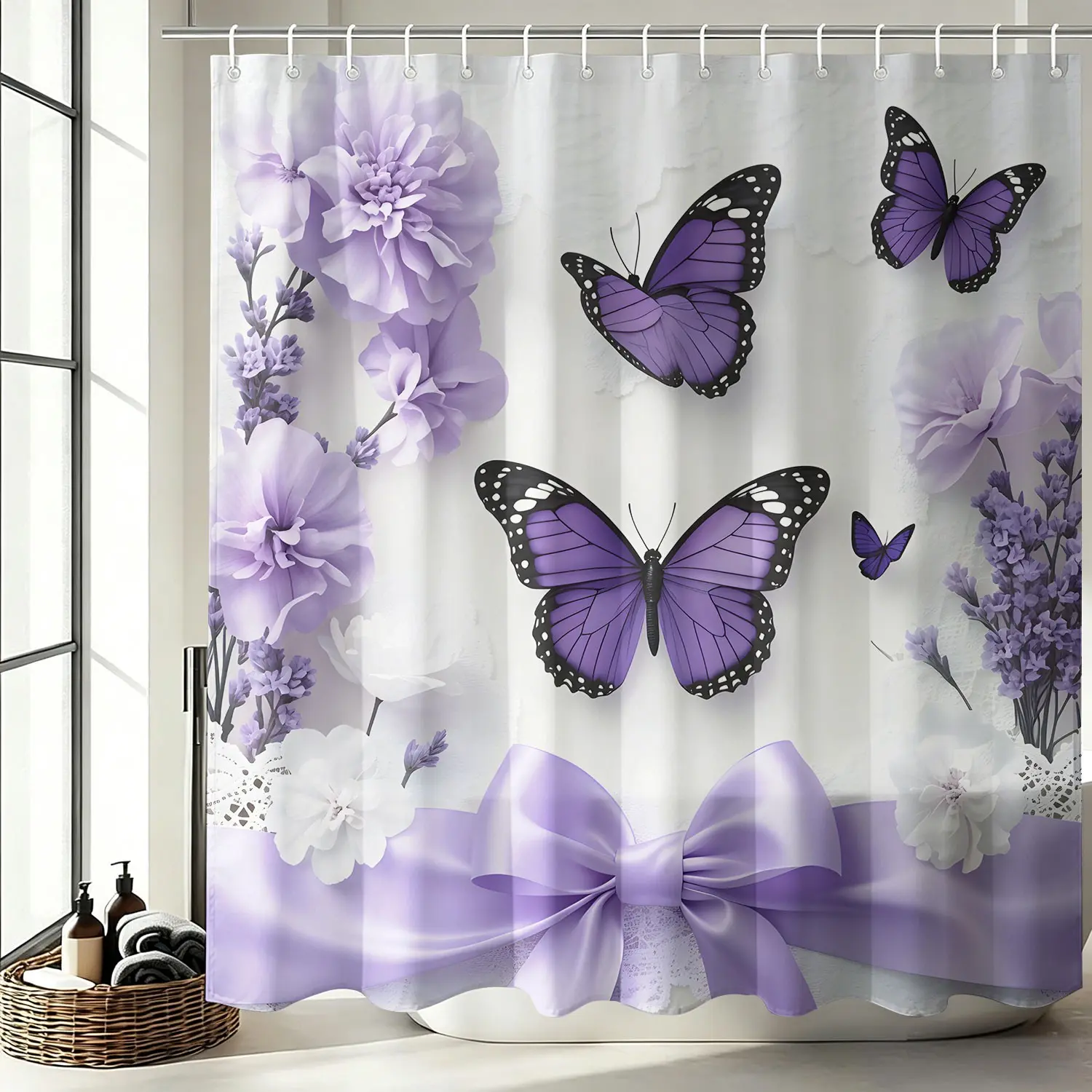 Purple Butterfly Floral Lace Waterproof Bath Curtain, Botanical Shower Curtain, 3D Flower Lavender Satin Bow Print, Oxford Fabric Anti-Mold, French Gentel Style for Girls' Bedroom Bathroom, Kids' Bathroom & Homestay Bathrooom decor