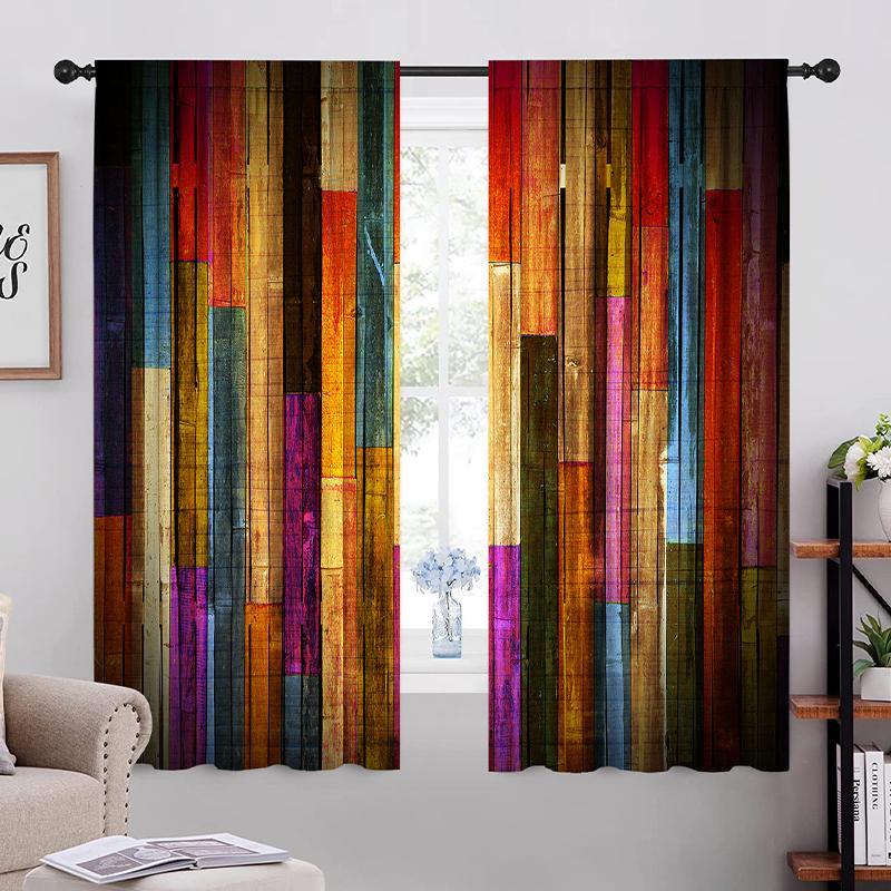 2 Counts Colorful Block Print Curtain, Fashion Creative Home Curtain, Decorative Window Curtain for Home Living Room, Christmas Gifts, Christmas Decorations