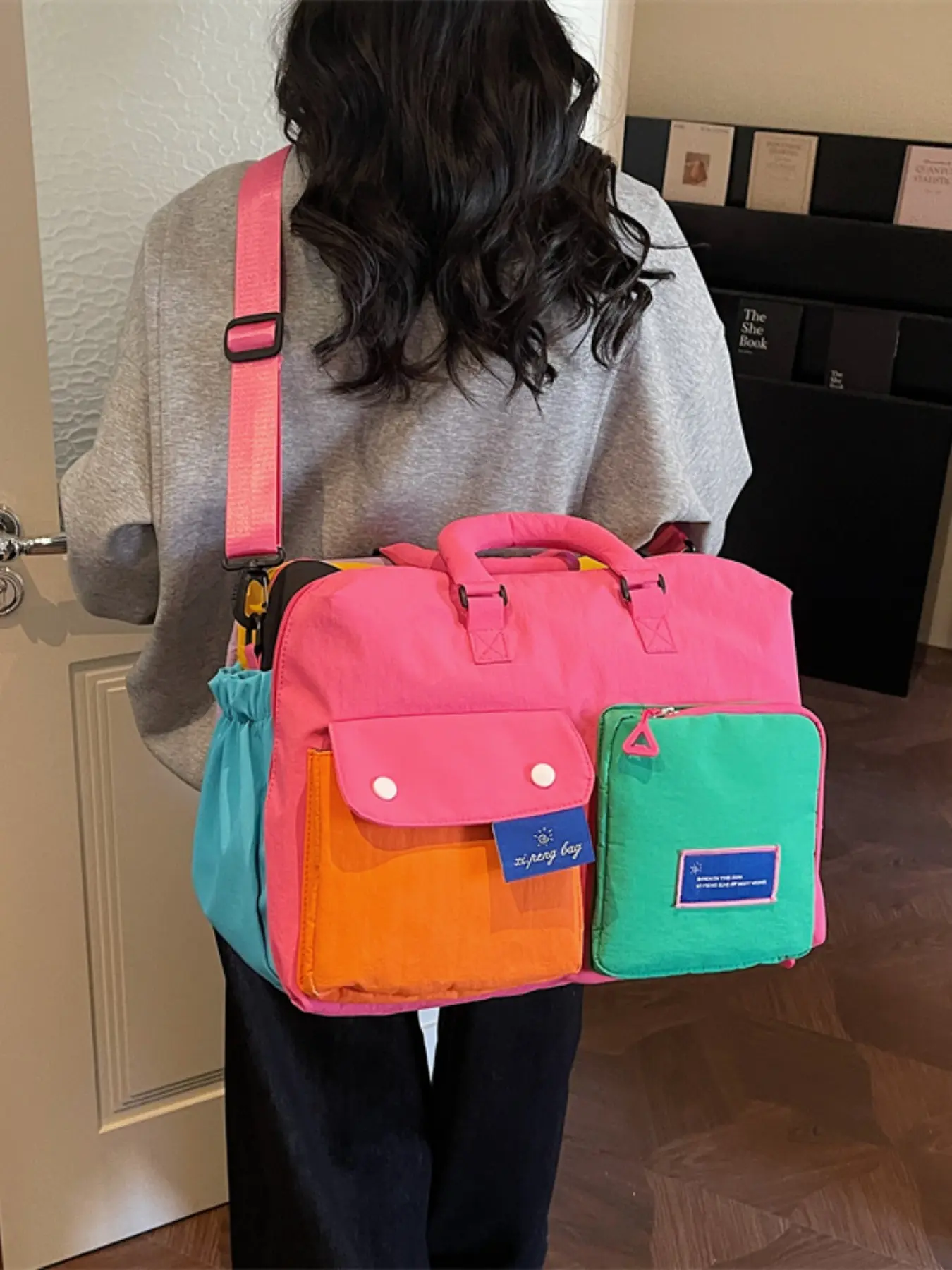 Back to School 16.14inch Travel Tote Bag, Colorblock Foldable Fabric Bag, Multifunctional Portable Bag, Large Capacity, Dry/wet Separation, Casual Style, All Seasons, Student Backpack, Travel Bags